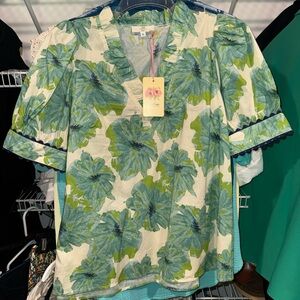 Leafy Green and White Blouse